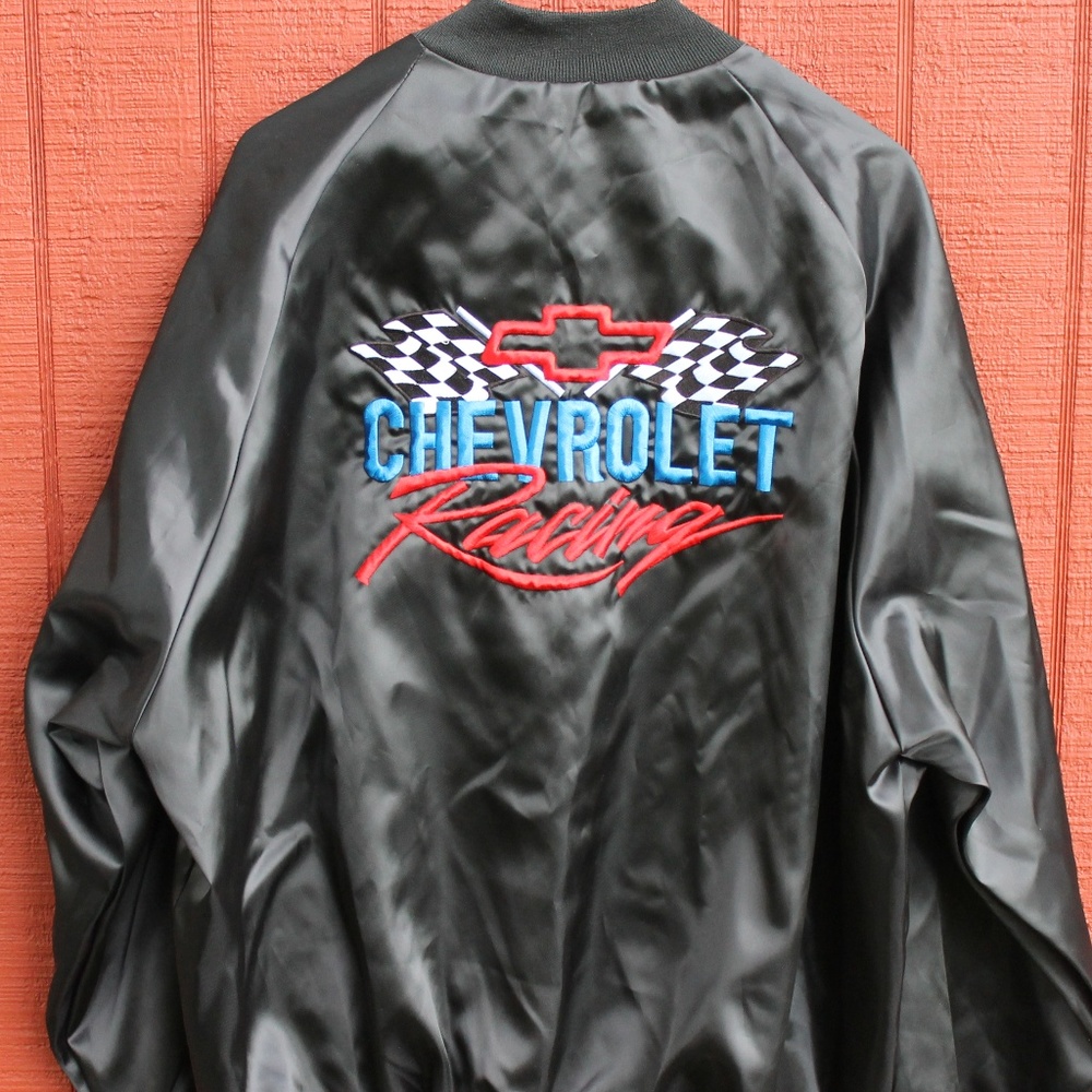 Vintage Chevrolet Embroidered Black Satin Jacket L